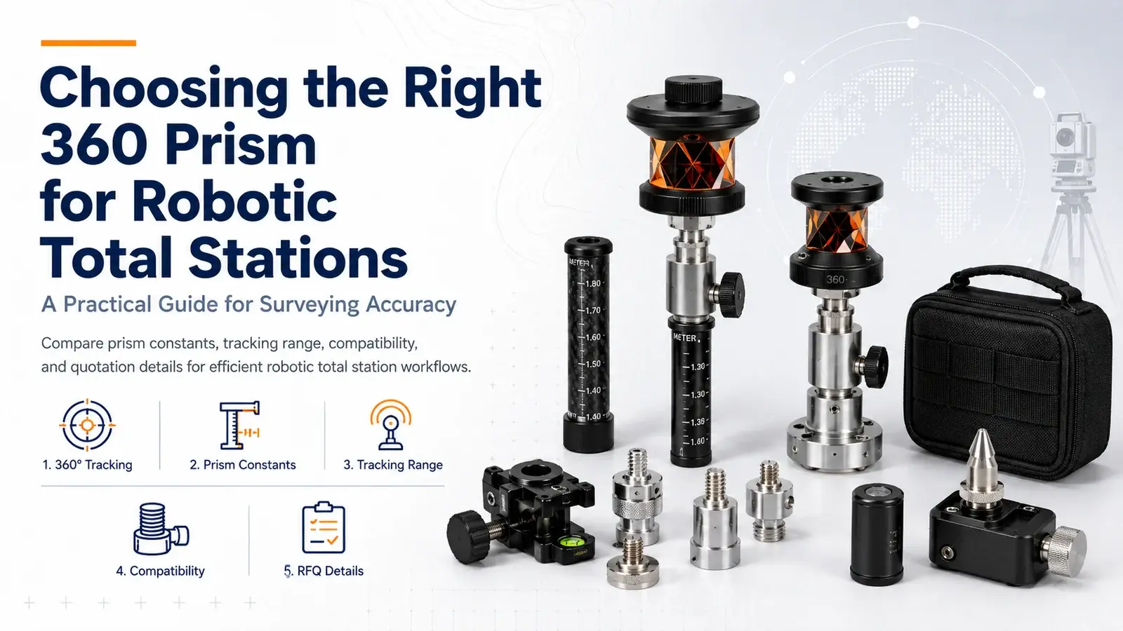360-degree surveying prisms, mounts and adapters for robotic total stations